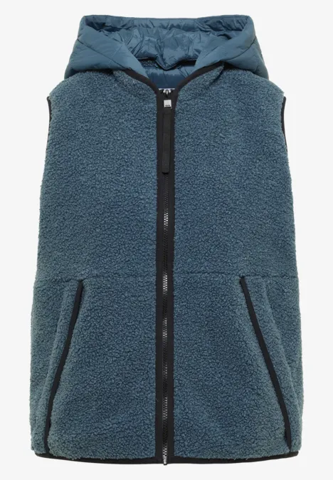 Teddy-Weste mit abnehmbarer Kapuze mountain air blue Ärmellose Teddyfleece-Weste in Blau mit Kapuze und durchgehendem Reißverschluss