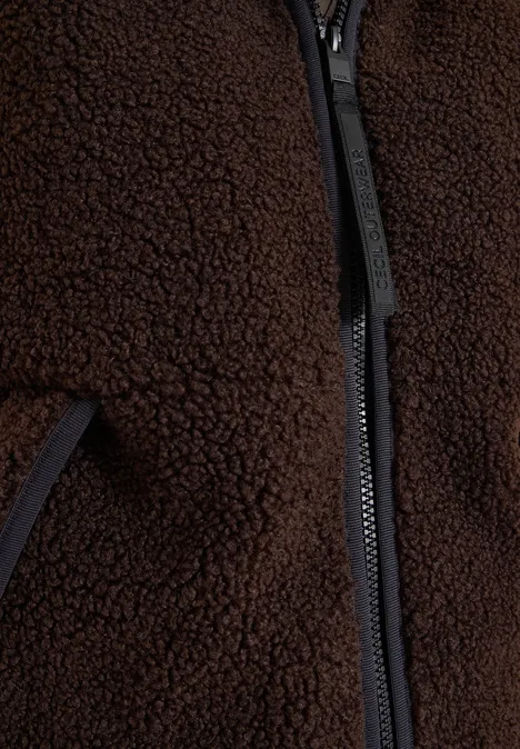 Teddy-Weste mit abnehmbarer Kapuze chocolate sauce brown Nahansicht einer braunen Teddy-Fleecejacke mit Reißverschluss und Tasche.