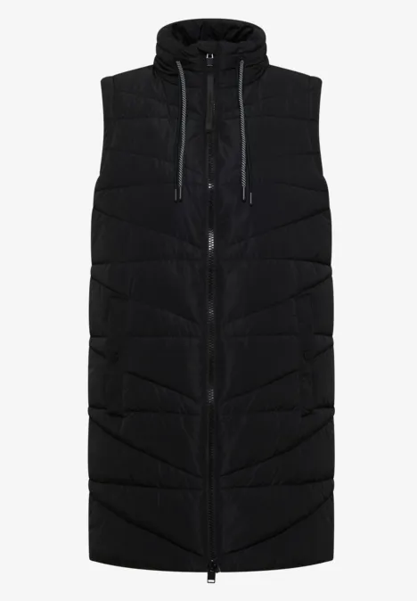 Long gilet matelassé noir à capuche et fermeture éclair, rembourré avec poches latérales.