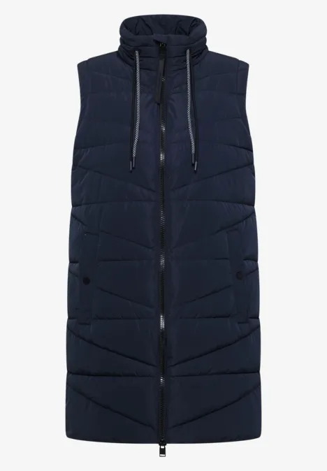 Veste sans manches matelassée longue bleu foncé avec capuche, fermeture éclair et poches.
