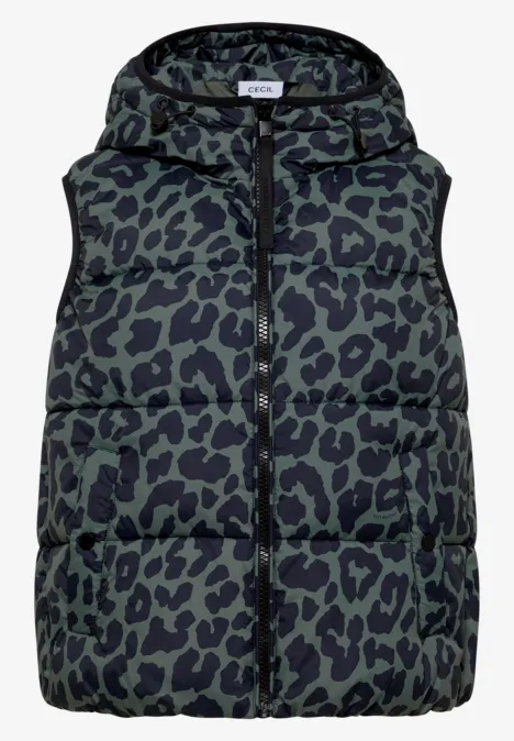Gewatteerd vest met capuchon en zakken dried olive green Mouwloos groene gewatteerde bodywarmer met luipaardprint en capuchon.