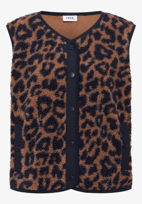 Ärmellose Strickweste mit Leopardenmuster in Braun und Schwarz, V-Ausschnitt, durchgehende Knopfleiste.