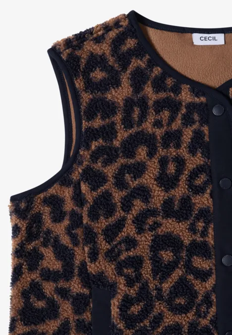 Ärmellose Strickweste mit Leopardmuster in Braun-Schwarz und schwarzen Knöpfen.
