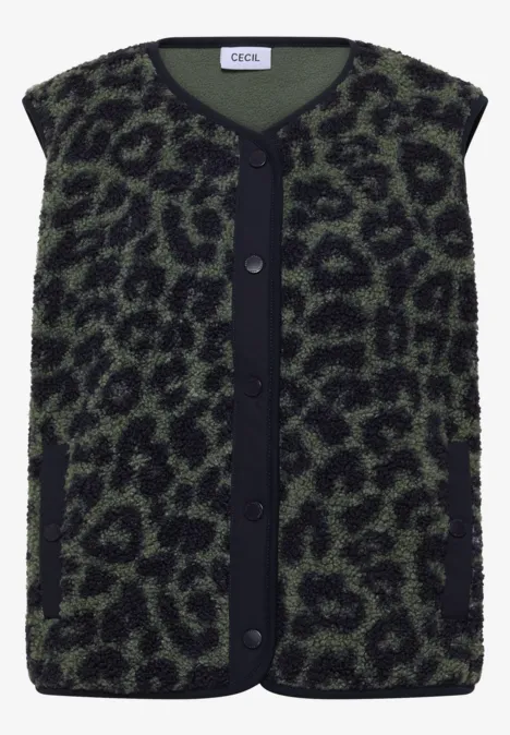 Grüner, flauschiger Cardigan mit schwarzem Leopardenmuster und Knopfleiste.