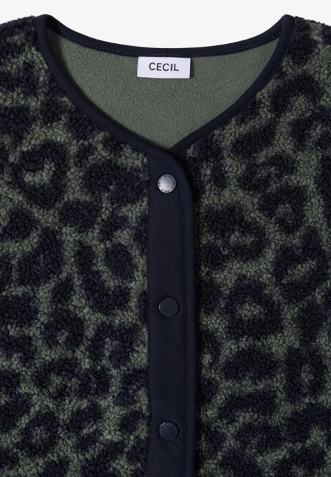 Olivgrüner Cardigan mit Leopardenmuster und schwarzen Besätzen, Knopfleiste und Markenlabel 'CECIL'.