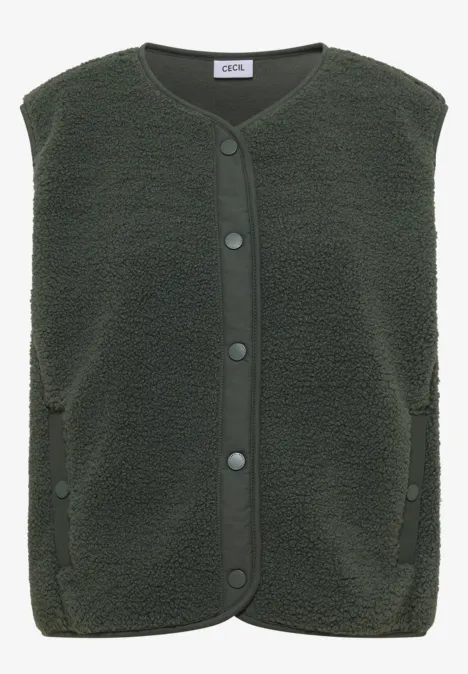 Veste sans manches en polaire vert foncé, douce, avec boutons pression et col rond.