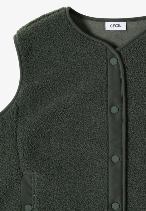 Ärmellose, dunkelgrüne Fleece-Weste mit Knopfleiste und Taschen