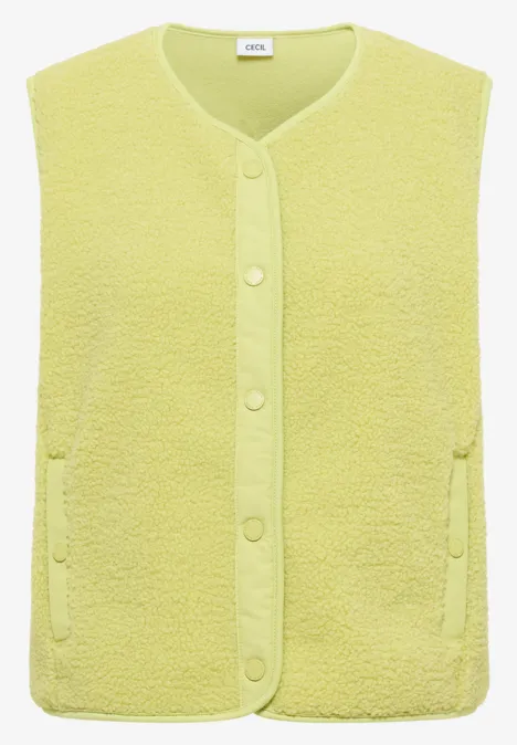 Weiche gelbe Fleece-Weste mit Knopfleiste und seitlichen Taschen.