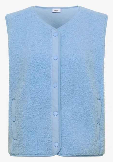 Hellblaue, ärmellose Fleece-Weste mit Knopfverschluss und V-Ausschnitt.