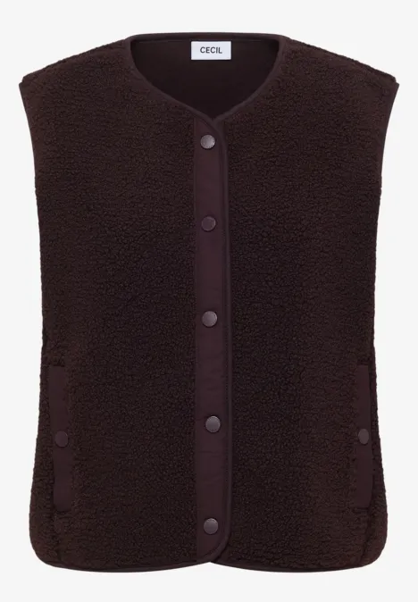 Dunkelbraune Teddyfleece-Weste mit Knopfleiste, ohne Ärmel, schlicht und warm.