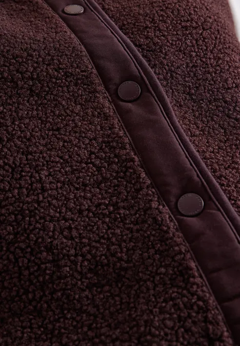 Dunkelbraune Teddy-Fleecejacke mit Knopfleiste, weiches, flauschiges Material