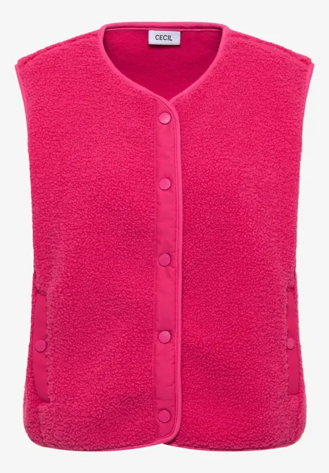 Knallpinke, ärmellose Fleece-Weste mit V-Ausschnitt und Druckknöpfen.