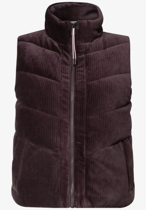Donkerpaarse corduroy bodywarmer met hoge kraag, rits en gewatteerde vulling, mouwloos.