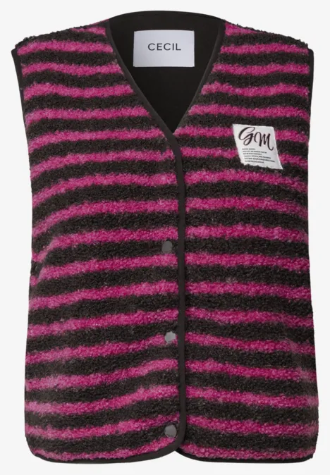 Ärmellose, flauschig gestreifte Weste in Pink und Schwarz mit CECIL-Label am Kragen und Aufnäher.
