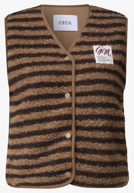 Teddy-Weste mit V-Neck und Streifen creamy mocha Braune, schwarz gestreifte Fleece-Weste ohne Ärmel mit Knopfleiste und CECIL-Logo.