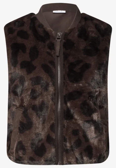 Teddyvest met gewatteerde details en patroon truffle brown Braune, ärmellose Kunstfellweste mit Leopardenmuster und durchgehendem Reißverschluss.