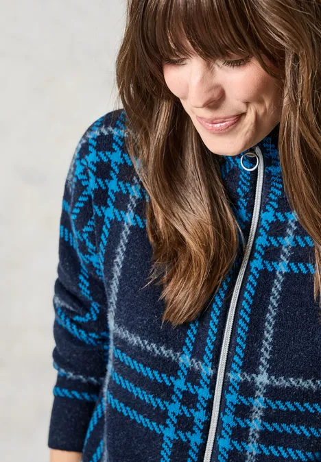 Karierte Strickjacke deep petrol