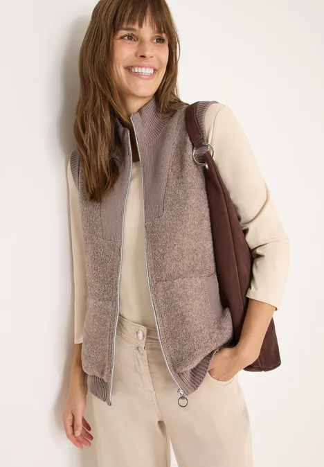 Zacht bouclé gebreid vest chocolate mousse melange