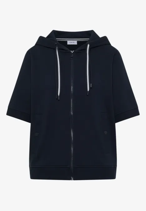 Dunkelblauer Kapuzenpullover mit kurzen Ärmeln, Reißverschluss und Kordelzug.