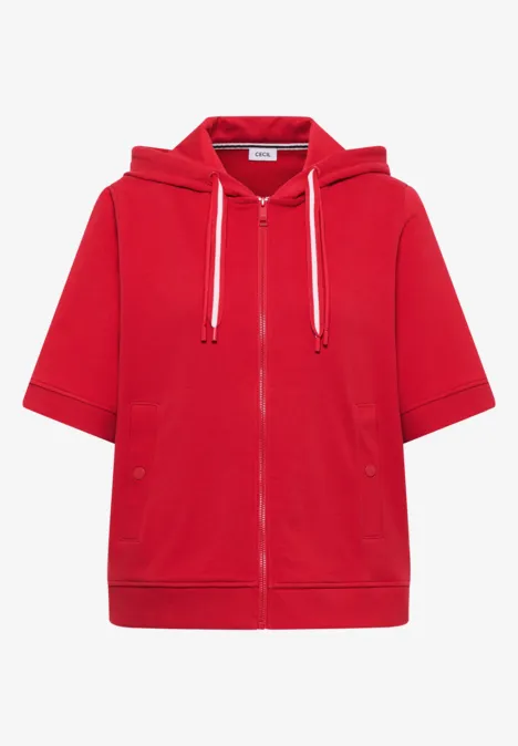 Sweaterjack met korte mouwen en capuchon glazed apple red Rode capuchontrui met korte mouwen, ritssluiting en aantrekkoord.