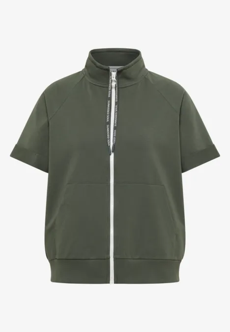 Kurzarm Sweatjacke mit Zipper khaki Dunkelgrünes, kurzärmeliges Sweatshirt mit Stehkragen und weißem Reißverschluss