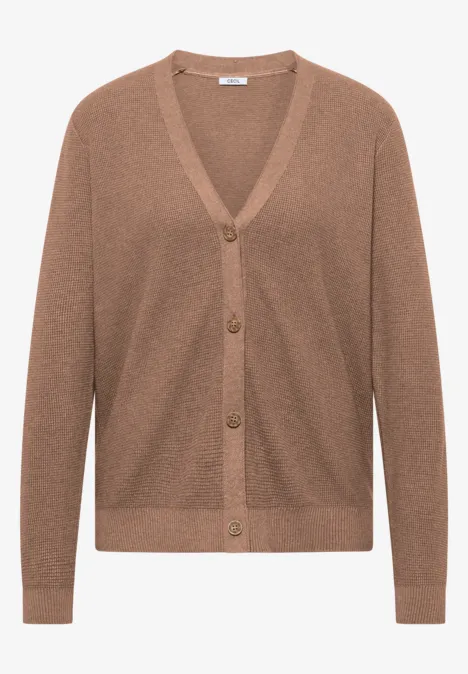 Braune Damenstrickjacke mit V-Ausschnitt und Knopfleiste.