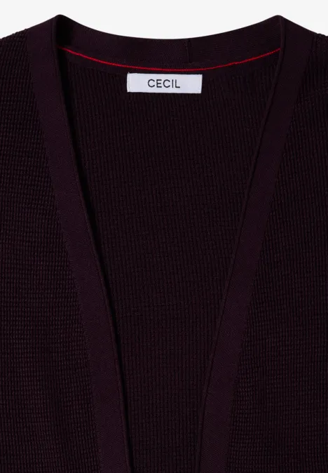 Dunkelvioletter, gerippter Strickcardigan mit offenem Vorderteil und CECIL-Label im Nacken.