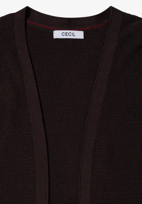 Dunkelbrauner Strick-Cardigan mit CECIL-Etikett, offen und schlicht.