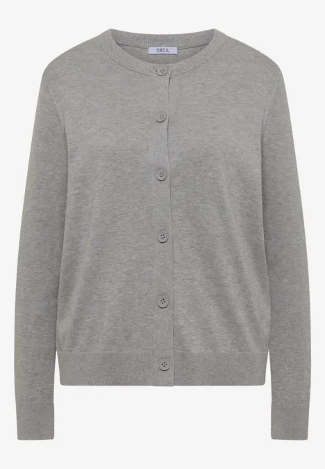 Graue Damen-Strickjacke mit Knopfleiste, Rundhalsausschnitt und langen Ärmeln.
