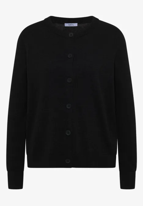Schlichter schwarzer Cardigan mit Rundhalsausschnitt und Knopfleiste.