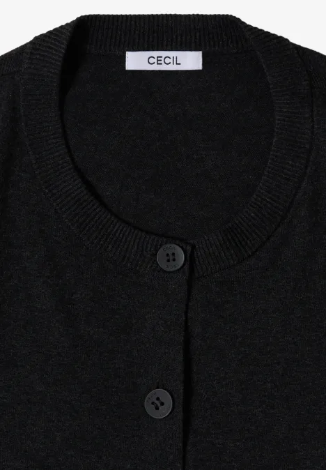 Schwarze Strickjacke mit Rundhalsausschnitt, zwei Knöpfen und 'Cecil'-Label.