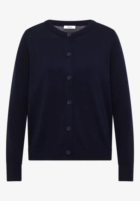 Donkerblauwe cardigan met ronde hals en knoopsluiting, klassiek model.