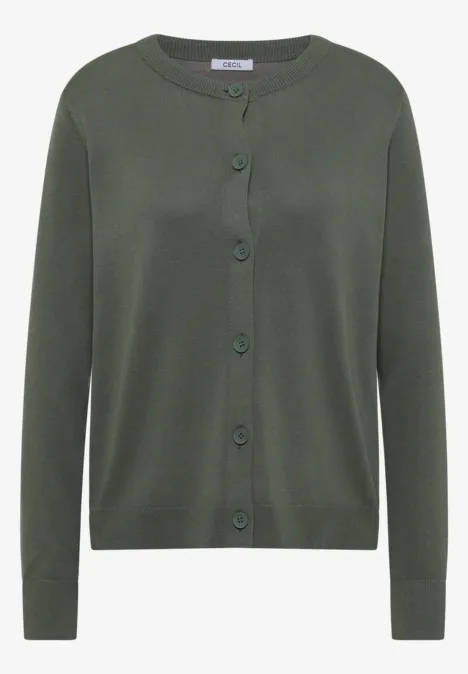 Groene, lange mouwen cardigan met ronde hals en knoopsluiting aan de voorkant.