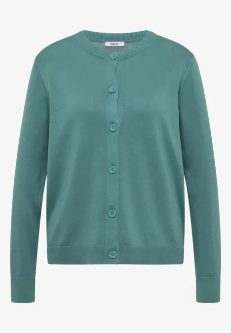 Effen smaragdgroen damesvest met ronde hals en knoopsluiting.