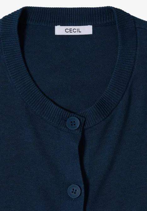 Cardigan mit Rundhals und Knopfleiste moonlight blue Dunkelblauer Damen-Cardigan mit Rundhalsausschnitt, zwei Knöpfen und CECIL-Label.