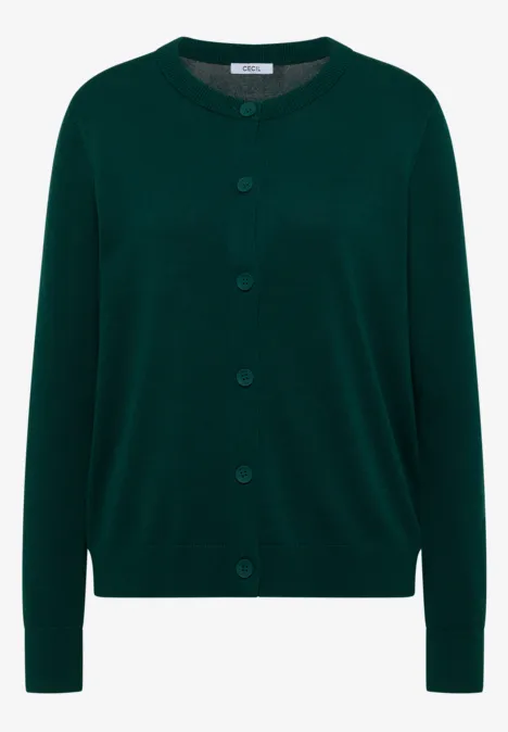 Dunkelgrüner Strickcardigan mit Knopfleiste und Rundhalsausschnitt.