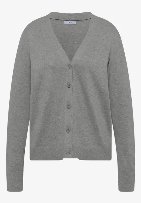 Cardigan mit V-Neck und Knopfleiste mineral grey melange Graue Damenstrickjacke mit V-Ausschnitt, Knopfleiste und langen Ärmeln