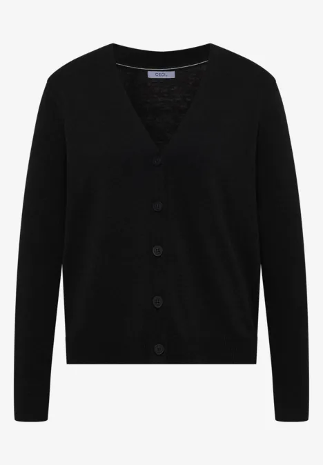 Schwarzer Cardigan mit V-Ausschnitt und Knopfleiste, schlichte, klassische Strickjacke.