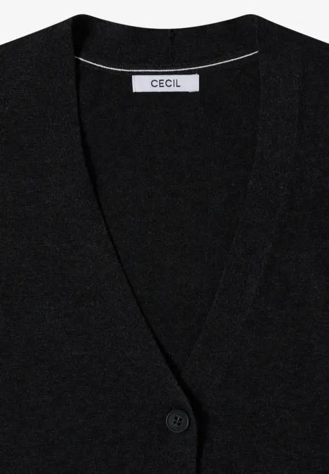 Schwarze Strickjacke mit V-Ausschnitt und Knopfleiste, Markenlabel 'Cecil' im Nacken.
