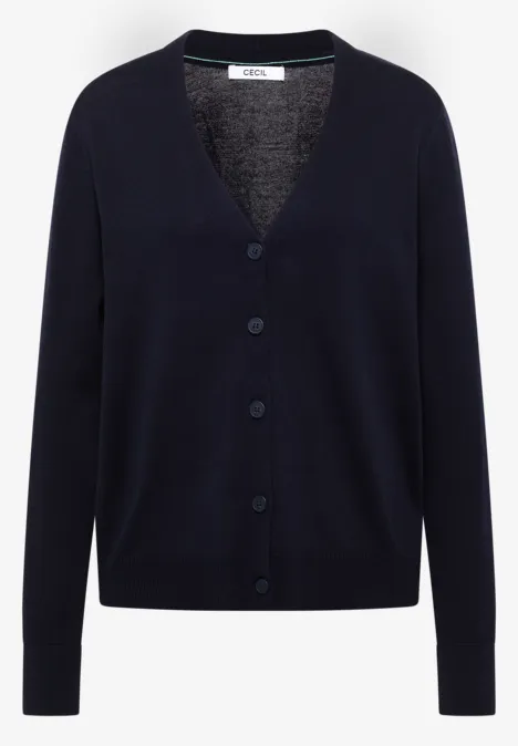 Donkerblauw gebreid vest met V-hals en knoopsluiting, lange mouwen en eenvoudige snit.
