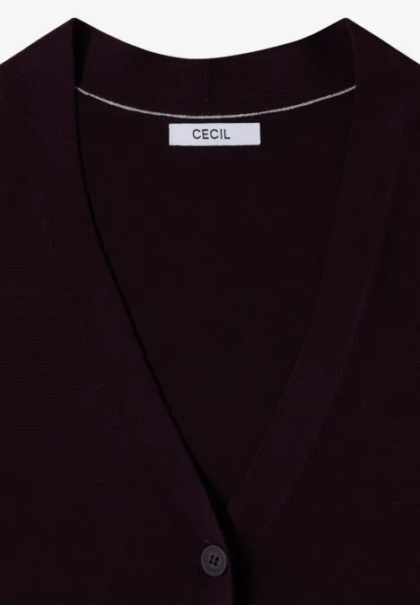 Dunkellila Damenstrickjacke mit V-Ausschnitt und Knopfleiste, Marke CECIL