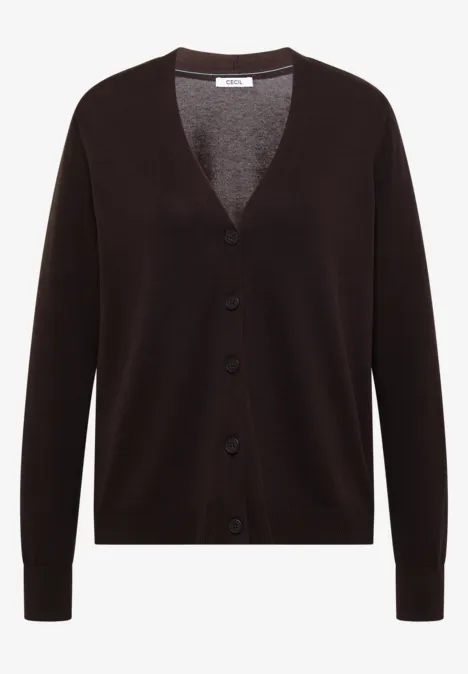 Zwarte gebreide cardigan met V-hals, knoopsluiting en lange mouwen.