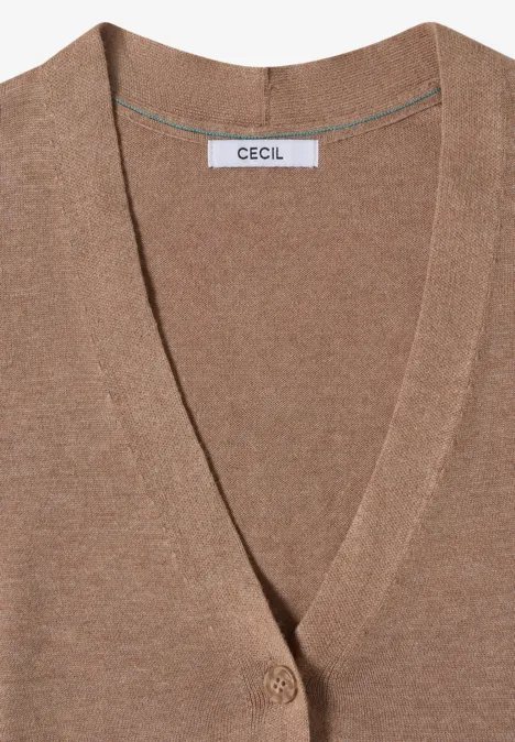 Vest met V-hals en knoopsluiting creamy mocha melange Brauner V-Ausschnitt-Cardigan mit Knöpfen und CECIL-Label.