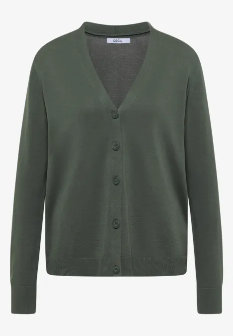 Groen gebreid vest met V-hals, knoopsluiting en lange mouwen.
