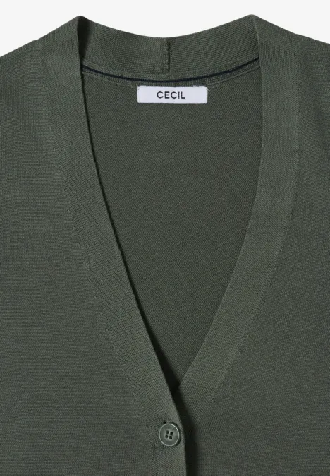 Donkergroene gebreide cardigan met V-hals, één knoop en 'CECIL' label in de kraag
