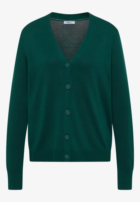 Dunkelgrüne V-Ausschnitt-Strickjacke mit Knöpfen und langen Ärmeln.