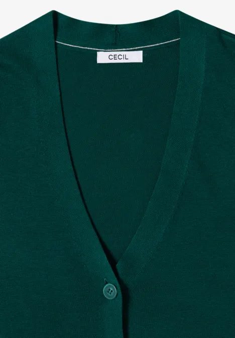 Ein dunkelgrüner Cardigan mit V-Ausschnitt, Knopfleiste und schlichtem Design der Marke "CECIL".