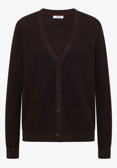 Zwarte gebreide cardigan met V-hals, lange mouwen en knoopsluiting.