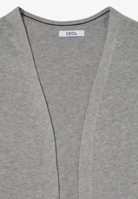 Lang, openvallend vest mineral grey melange Graue, offene Strickjacke mit V-Ausschnitt und Label 'CECIL'.