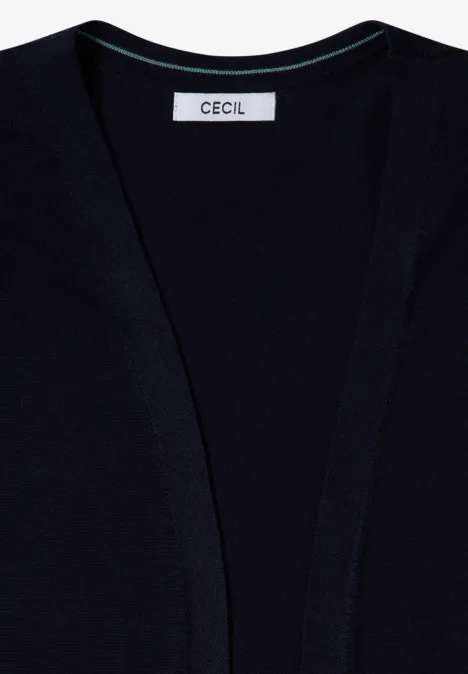 Zwarte gebreide cardigan met open front en CECIL-label in de nek.